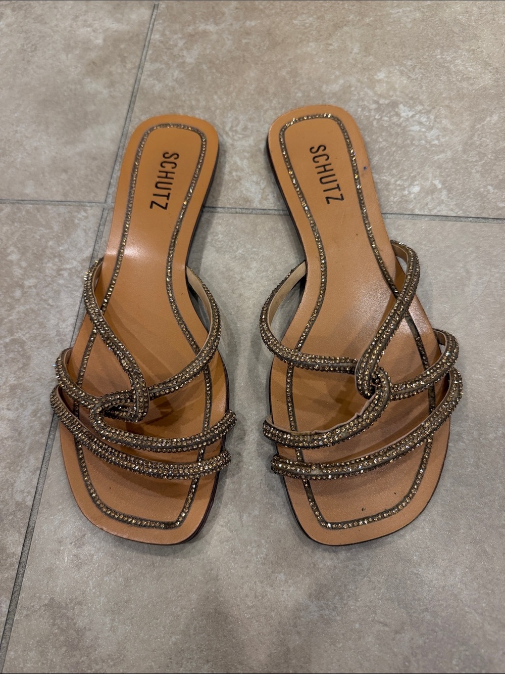 SCHUTZ Tan/Bronze Crystal-Strap Knot Slide Sandals, Size 8